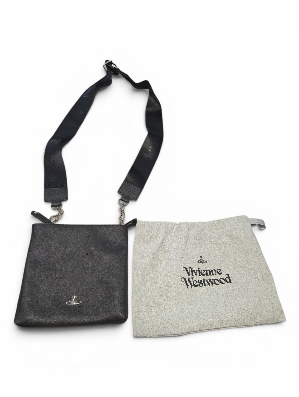 Vivienne Westwood Black Leather Messenger Bag with Wide Strap